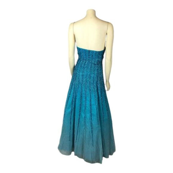 Vintage Alyce Designs 80s Strapless Beaded Blue Prom Evening Gown scarf size 8 - Picture 9 of 13